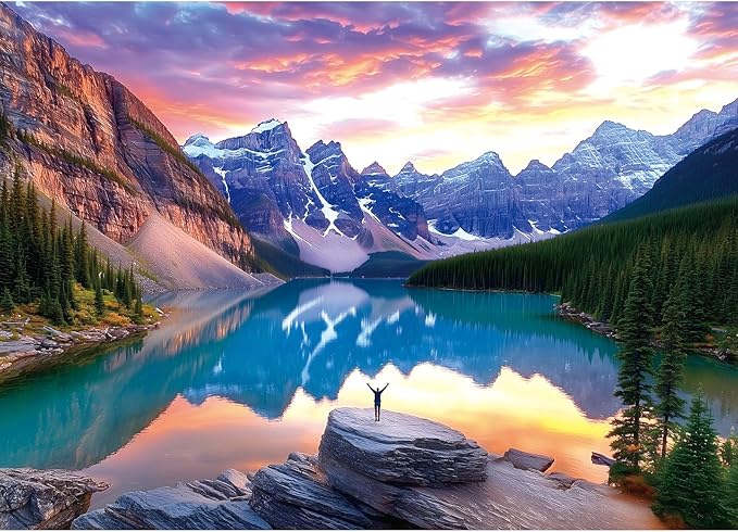 1000 Piece Jigsaw Puzzle - Moraine Lake Sunset Landscape, Scenic Canadian Rockies Puzzle for Adults for Nature Lovers and Puzzle Enthusiasts