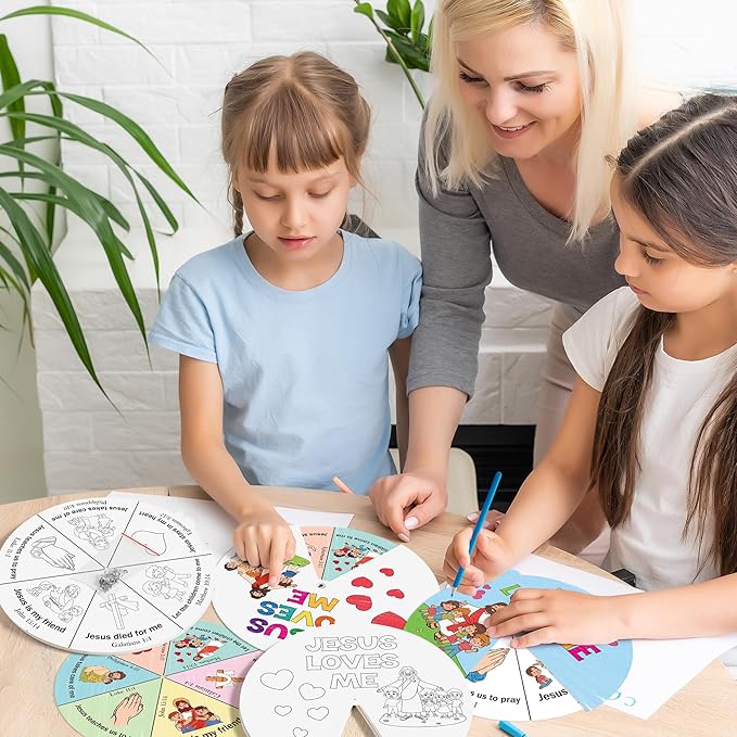 COcnny Religious Coloring Wheel Craft- 24 Sets Color Your Own Christian Art Craft DIY Coloring Cards for Kids, Jesus Loves Me Paper Craft Art for Sunday School Home Class Biblical VBS Activities