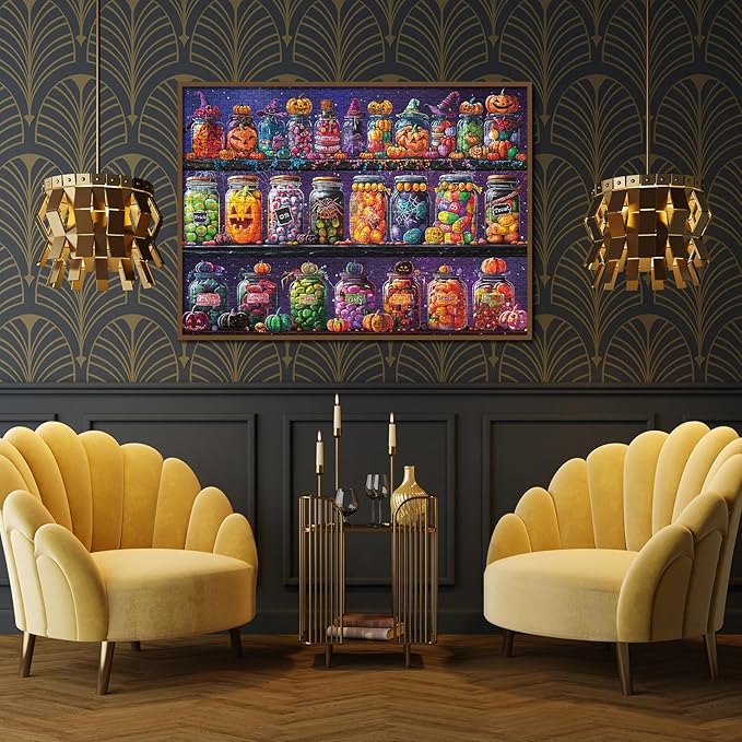 Halloween Horror Candy Jigsaw Puzzle 1000 Piece for Adult, Magic Fall Holiday Pumpkin Jigsaw Puzzles, Funny Art Aesthetic Colorful Puzzle