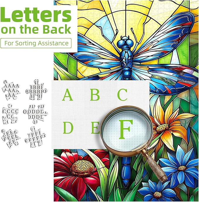 MINIWAN 1000 Piece Stained Glass Blue Dragonfly Wildflowers Jigsaw Puzzle for Adults, Colorful Mosaic Insect Floral Art Puzzle, 27.5 x 19.7 Inch Gift for Nature & Art Lovers
