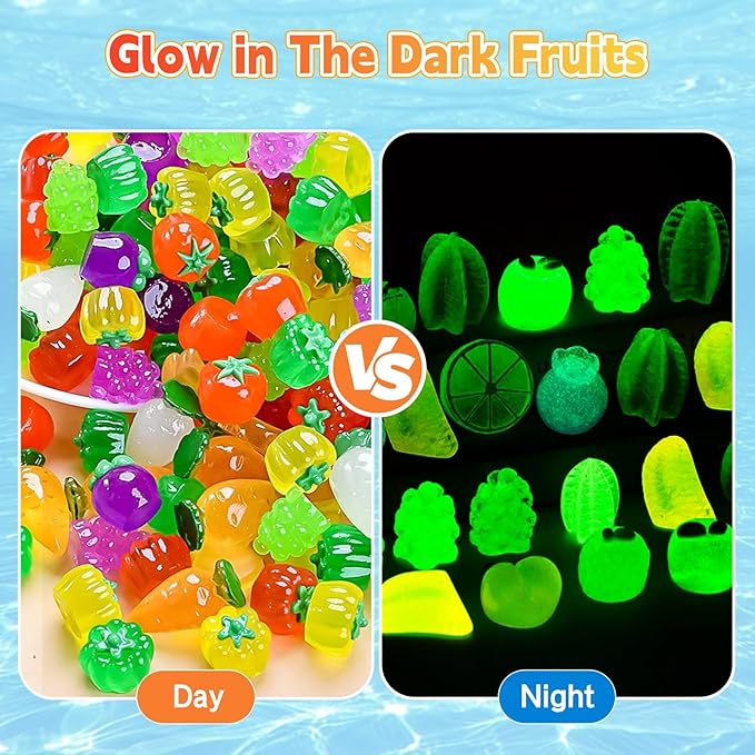 50 Pcs Glow in The Dark Mini Fruit Figurines Blind Bag Set – Resin Luminous Fruits for DIY Crafts, Fairy Garden Accessories, Dollhouse Decor, Mystery Bag Party Favors, Surprise Gift Set