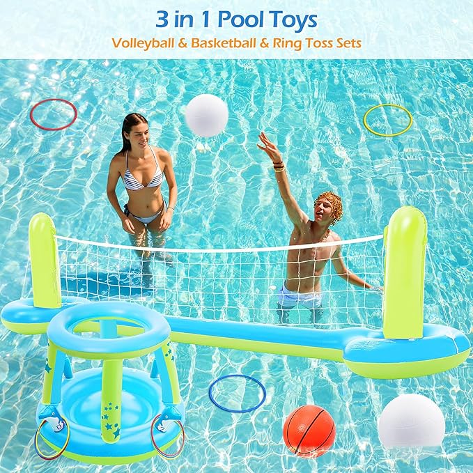 Jasonwell Pool Toys Games Set - 3 in 1 Pool Volleyball Net Basketball Hoop Ring Toss Game Inflatable Floats Water Floating Volleyball Swimming Pools Games Party Gift for Kids Adults (Blue&Yellow, XL)
