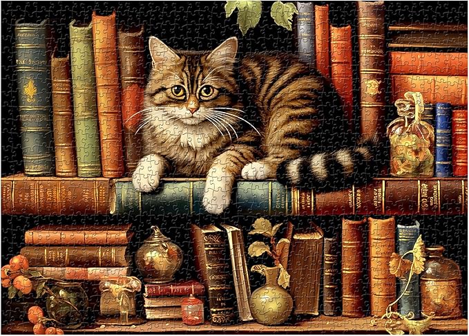 Vintage Cat Puzzles for Adults 1000 Pieces, Funny Kitten Book Jigsaw Puzzles, Retro Cat Bookshelf Animal Puzzle as Kitty Decor