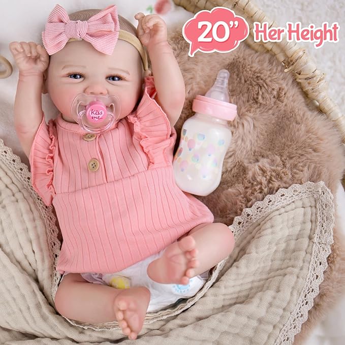 Aori Realistic Reborn Baby Dolls - 20 Inch Lifelike Newborn Baby Girl Doll with Weighted Soft Body and Soft Vinyl Limbs with Pink Outfit Set for Cudding, Perfect Christmas, Birthday Gift for Girls