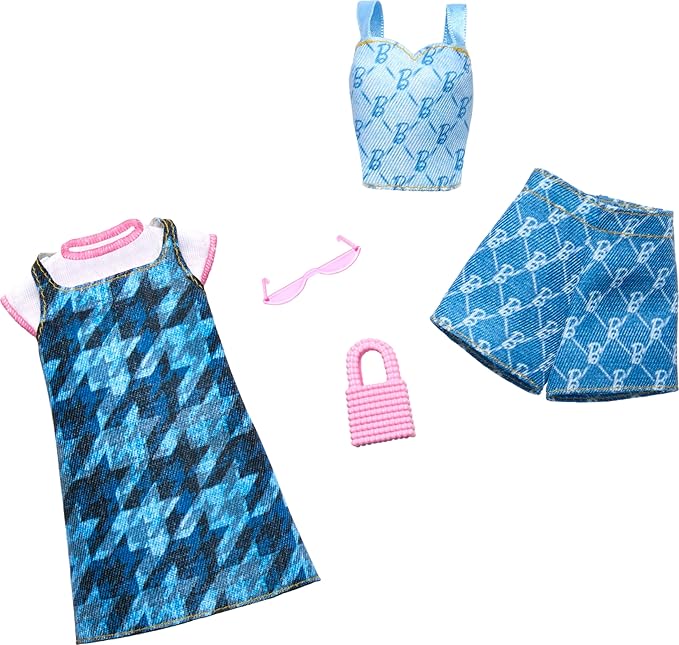 Barbie Fashions Clothing Set, 2 Denim Outfits for Fashion Doll Include Dress, Top & Shorts & 2 Accessories