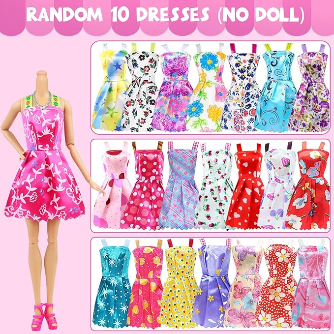 100 Pcs Doll Clothes and Accessories for 11.5 Inch Girl Dolls Outfit Including 17 Dresses, 2 Tops, 2 Pants, 2 Swimwear, 10 Pairs of Shoes, 12 Hair Accessories, 5 Bags, 40 Hangers and More