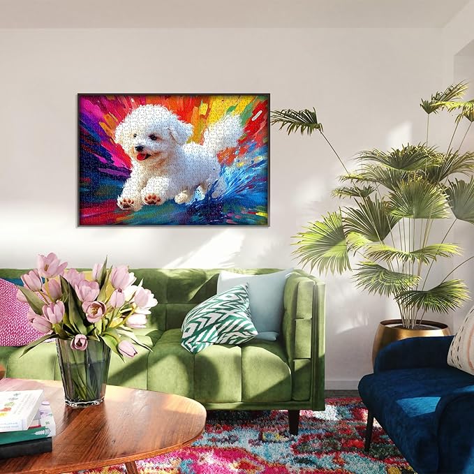 Dog Jigsaw Puzzles 1000 Pieces, Larkipuzz Cute Puppy Puzzles for Adults Bichon Frize, Impossible Gradient Colorful Rainbow Art Theme as Wall Decor