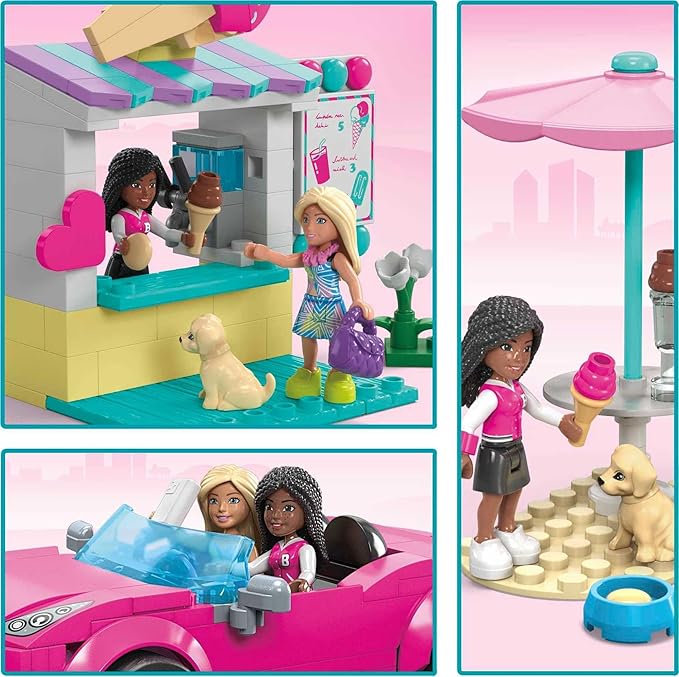 MEGA Barbie Kids Building Toy Set, Convertible & Ice Cream Stand with 226 Pieces, 2 Micro-Dolls and Accessories, Pink, Ages 6+ Years