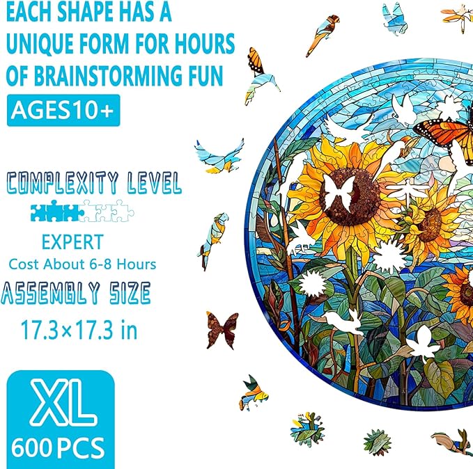 Wooden Puzzles for Adults - Stained Glass Sunflower Wooden Puzzle, Unique Shape Wood Jigsaw Puzzle for Adults, Wood Puzzles Adult, Gifts for Family, Wall Art Home Decor (600pcs 17.3 * 17.3in XL)