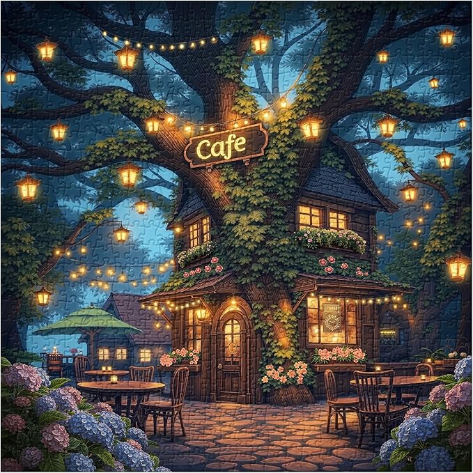 Treehouse Cafe Puzzles for Adults 1000 Pieces, Fantasy Forest Night Jigsaw Puzzles, Magical Tree Coffee Shop Scene