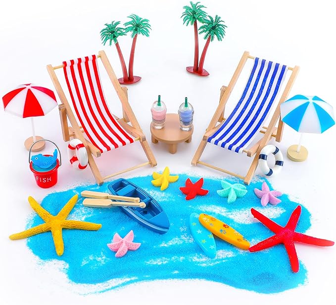 Minatee 25 Pcs Beach Miniature Dollhouse Decoration, Umbrella Palm Chair Miniature Toys Garden Dollhouse Outdoor Accessories Beach Decorations for DIY Garden Plant Pool(Red, Blue)