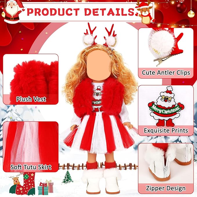 UPINS Christmas 18 Inches Doll Clothes and Accessories Winter Doll Outfits Set Christmas Deer Costume Includes Tutu Dress T-Shirt Shoes Hairpin Socks for 18 Inch Doll Girls Gifts
