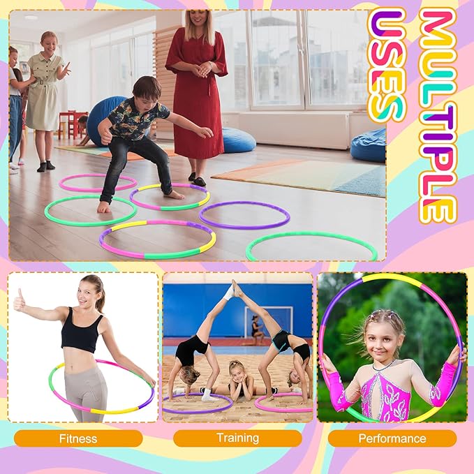 Sratte 12 Pcs Toy Hoop for Kid Detachable Adjustable Toy Hoop Colored Hoop Exercise Ring Plastic Circle for Kid Teen Gymnastics Dog Agility Equipment, Require Self Assembly(Simple Colors, 24 Inch)