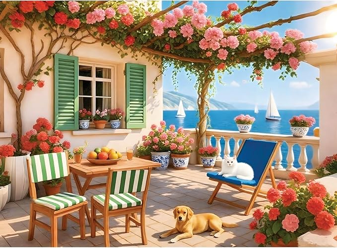 500 Piece Puzzles for Adults, Cozy Seaside Terrace Scene Jigsaw Puzzles with Dog and Cat, Relaxing 500 Piece Puzzle, Perfect for Family Time, Wall Decor, Gift for Adults, Seniors, 20.5 x 15 in