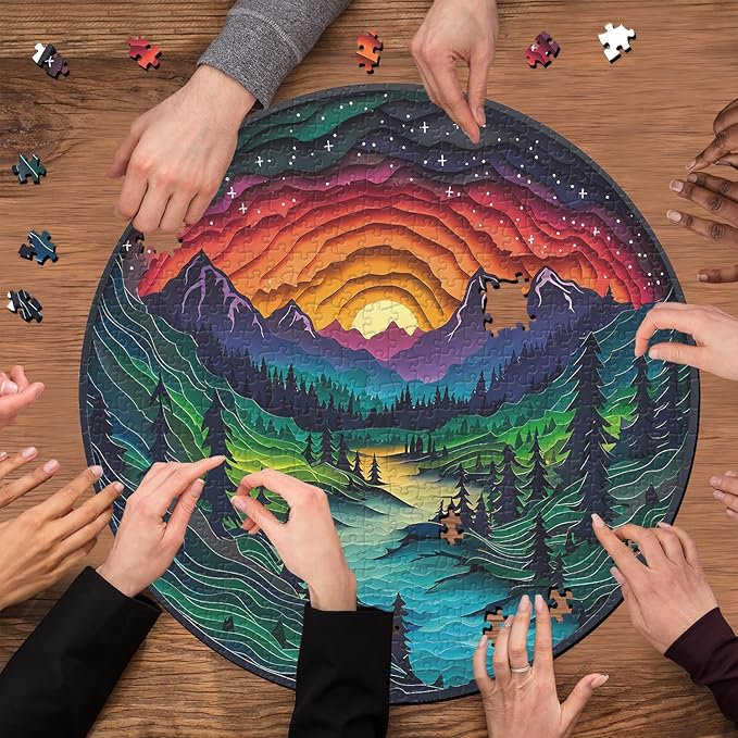 Magic Forest Puzzles for Adults 1000 Pieces, Nature Round Tree Mountain River Sunset Landscape Puzzle, Colorful Paper Cut Art Puzzle, Difficult Hard Challenge Jigsaw Puzzle