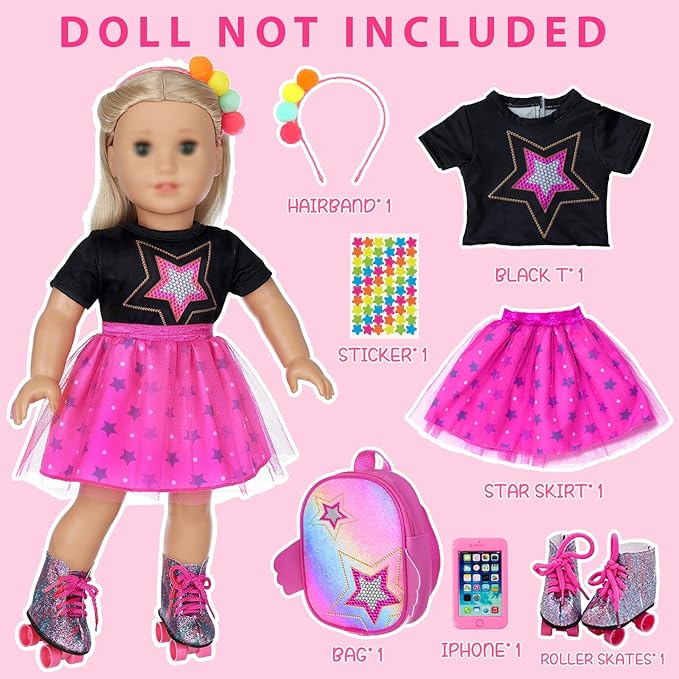18 Inch Girl Doll Clothes & Accessories - Dress, Bag, Skating Shoes, Headband, Mobile Phone
