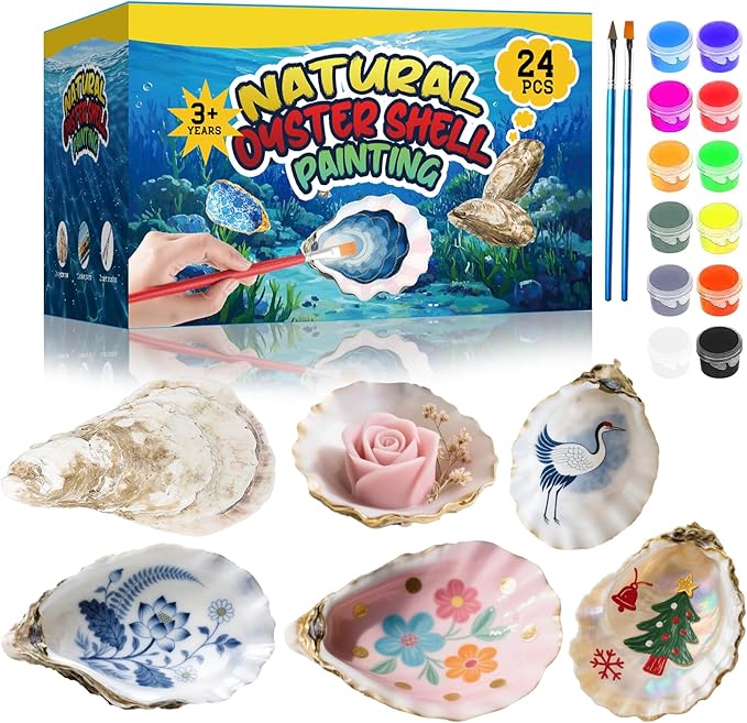 GMGH 24Pcs Oyster Shells Painting Kit for Kids, 3"-4" Oyster Shell for Crafts, Bulk Sea Shells Arts and Crafting Supplies, DIY Seashells Ornaments for Christmas, Home Decor