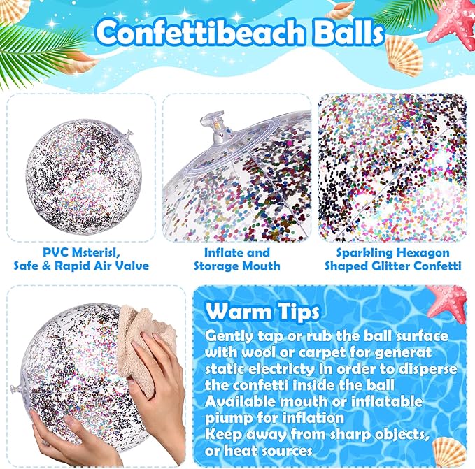 Lewtemi 12 Pcs Inflatable Glitter Beach Balls 16 Inch 24 Inch Shiny Giant Confetti Balls Swimming Pool Beach Blow up Balloon for Outdoor Summer Party Wedding Decor(Multicolored)