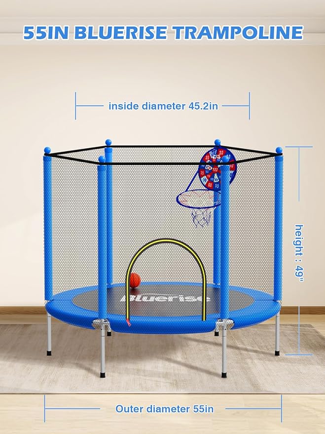 BLUERISE 55IN 6FT Toddler Trampoline for Kids Indoor Outdoor Play for Kids Trampoline Basketball Hoop Attachment with Enclosure Net Easy to Assemble