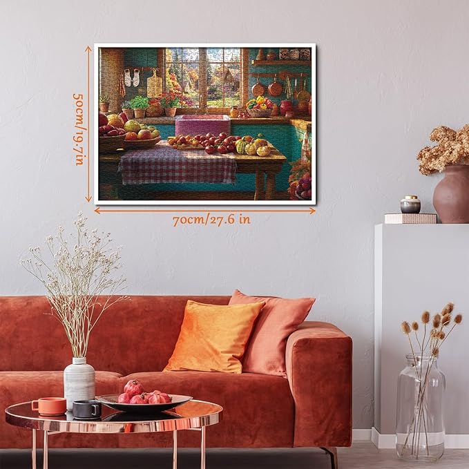 Fall Thanksgiving Holiday Puzzle for Adults 1000 Pieces, Cozy Kitchen Jigsaw Puzzle Autumn, Flower Plant Fruit Floral Pumpkin Harvest Festival Puzzle