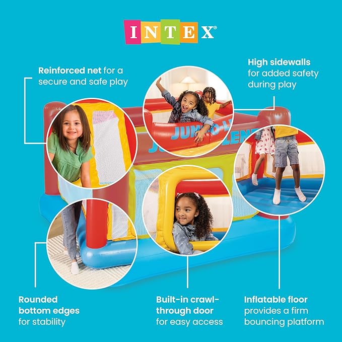 Intex Inflatable Jump-O-Lene Trampoline Bounce House with Crawl-Thru Door & Net - Indoor & Outdoor Backyard Blow-Up Bouncy Playhouse for Kids Ages 3-6