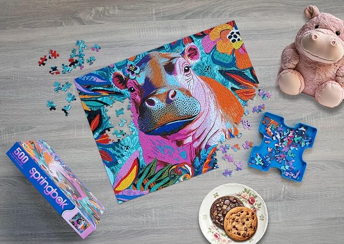 Springbok Floral Hippo Pop 500 Piece Jigsaw Puzzle for Adults and Family - Colorful Pygmy Hippo - Unique Cut Pieces - Made in USA