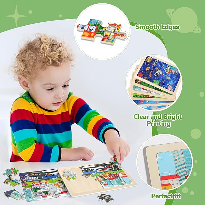6 Packs Puzzles for Kids Ages 4-6,24Pcs Wooden Puzzles for Kids Ages 3-5,Dinosaur Animals Vehicle Space Farm Jigsaw Puzzles,Preschool Educational Toys Gifts for Children Ages 3+Year Olds Boys Girls