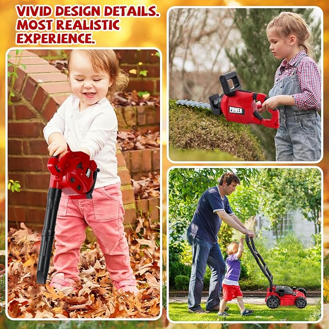 3 Pcs Toy Gardening Tool Set for Kids Toy Leaf Blower Hedge Trimmer Push Lawn Mower Play Set with Lights and Sounds Christmas Birthday Gifts for Boys Girls