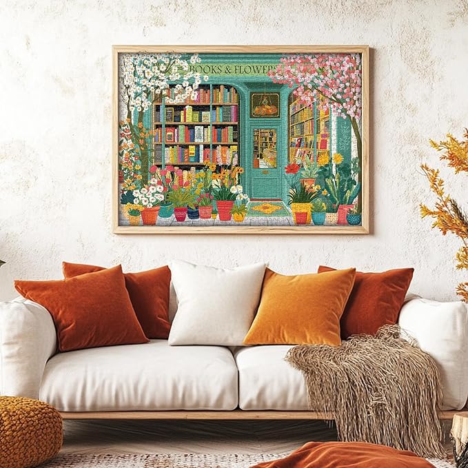PICKFORU Book Jigsaw Puzzles 1000 Pieces, Spring Flowers Bookstore Puzzles for Adults, Blooming Bookshelf Puzzle as Home Decor