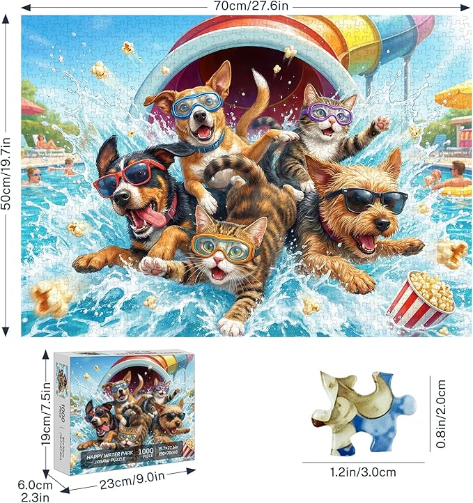 Puzzles for Adults 1000 Pieces, Funny Dog Cat Jigsaw Puzzles for Adults, Water Park Cool Fun Hard Difficult Challenging Jigsaw Puzzles 1000 Pieces Family Activity Game Nights Gifts
