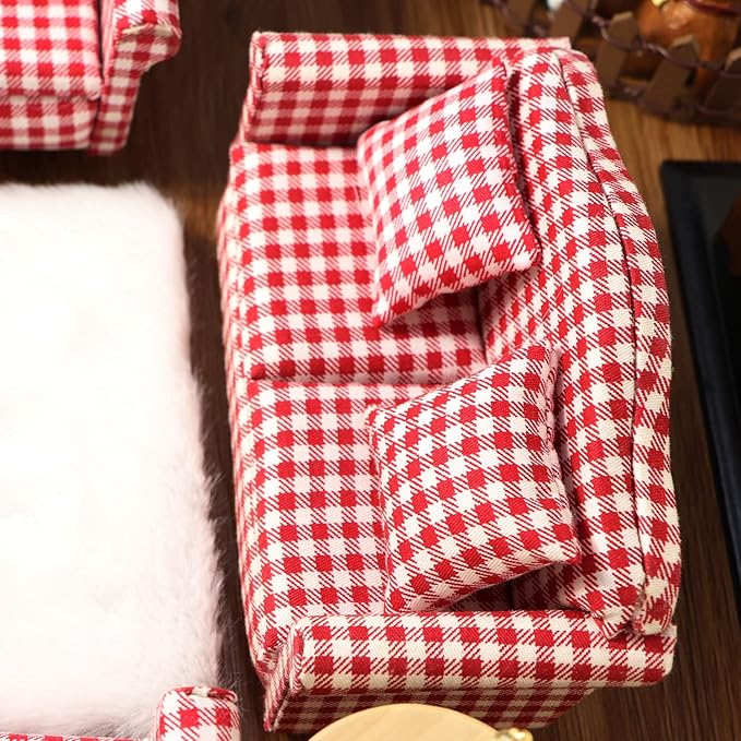 Dollhouse Couch Miniature Sofa with Pillows Dollhouse Living Room Funiture 1:12 Scale Model 3 Pcs High Simulation Upholstered Wooden Fabric Armchair Mini Room Artificial House Scene Decoration (Plaid)