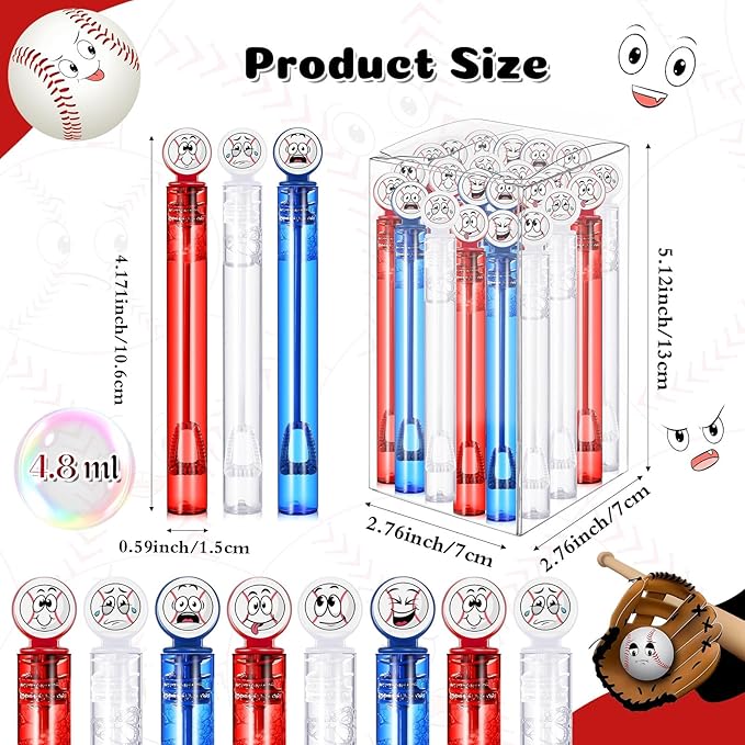24 Pcs Mini Baseball Bubble Wands Baseball Party Favors for Kids, Birthday Bubble Wand Bulk for Summer Outdoor Classroom Supplies, Goodie Bag Fillers