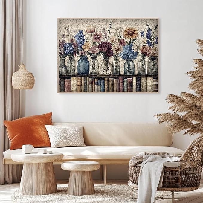 Retro Wildflowers Puzzles for Adults 1000 Pieces, PICKFORU Christian Jesus Floral Book Pages Religious Jigsaw Puzzle, Impossible Challenging Vintage Bookshelf Puzzles as Art Decor