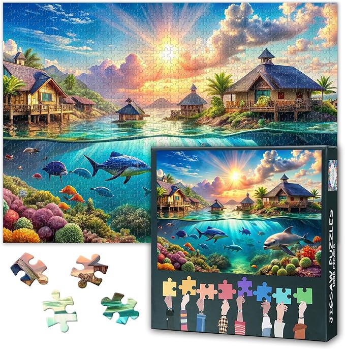 Underwater World Teeming Puzzles for Adults 1000 Pieces, Overwater Bungalows Jigsaw Puzzles, Adult Puzzle for Adults, Educational Fun Games or Toys for Elders Friends 20X27 INCH