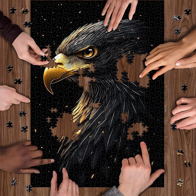 Black Flame Eagle Jigsaw Puzzle 1000 Pieces for Adults, Majestic Bald Eagle Bird Puzzles with Gold Beak and Dark Feathers, Wildlife Animal Jigsaw Puzzle, Unique Challenging Impossible Hard Puzzle