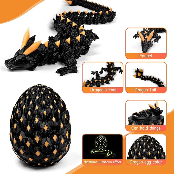 3D Printed Dragon Egg,Dragon Eggs Glow in with Dragon Inside Dark Articulated Animals Fidget Toy,Home Office Decor Executive Desk Toys for Autism/ADHD (Luminous Cyan)