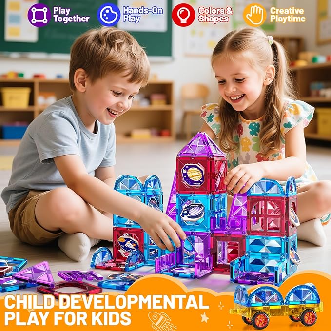 80 PCS Magnetism Blocks Tiles for Kids Ages 3 4 5 6 7 8+, Building Set for Toddlers 3-5 4-8, Stacking Blocks, Educational Construction Toy for Boys and Girls, Creative Play Birthday Gifts 2-4