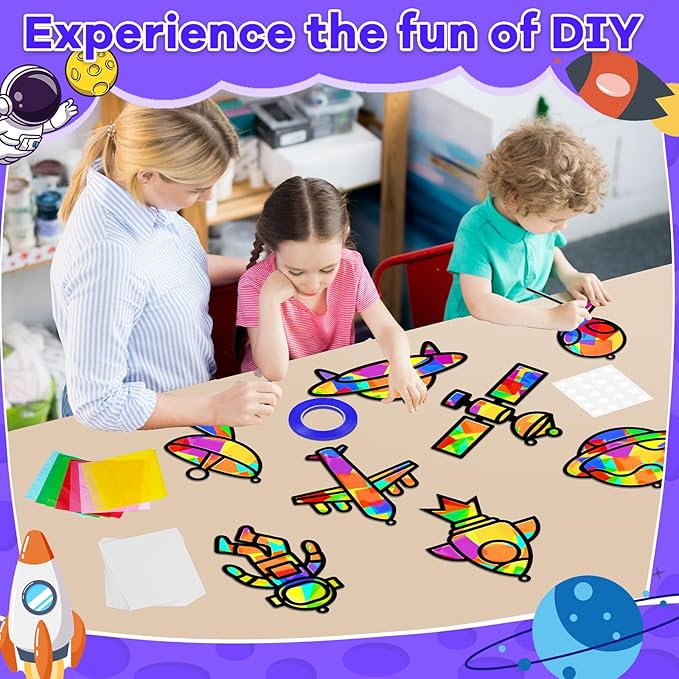 32 Sets Outer Space Suncatchers Craft Kit DIY Window Stained Glass Effect Planet Astronaut Alien Paper Crafts Home School Classroom Decoration Kid Birthday Gift Creative Art Project Activity Game