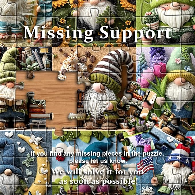 PICKFORU Funny Gnome Puzzles for Adults 1000 Pieces,Cute Gnome Puzzle Features Flower Sunflower Cactus Succulents Book Beach, Colorful Collage Challenge Jigsaw Puzzle Wool Felt Style