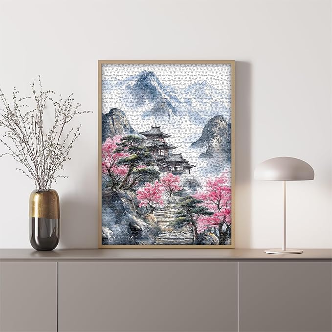PICKFORU Landscape Puzzles 1000 Piece for Adults, Nature Mountain Scenic Puzzle with Cherry Blossom Tree, Vintage Flower Retro Scenery Unique Art Impossible Jigsaw Puzzle