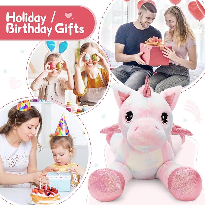 Tezituor 43 Inch Rainbow Pink Unicorn Stuffed Animal with Wing, Giant Stuffed Unicorn Plush Toys for Girls Kids Boys Women,Soft Plushie Gifts for Valentines Day,Christmas, Birthday Party