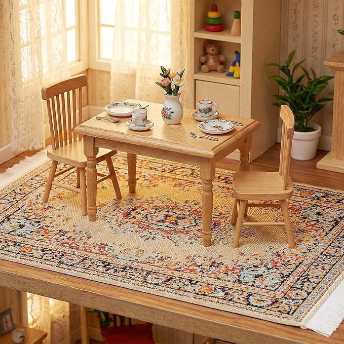 Dollhouse Rug 2 PCS Miniature Dollhouse Accessories 1:12 Scale Vintage Doll House Rugs Woven Mini Rug for Dollhouses Furniture Blue & Yellow Floral Print Carpet for Doll House Floor Decor