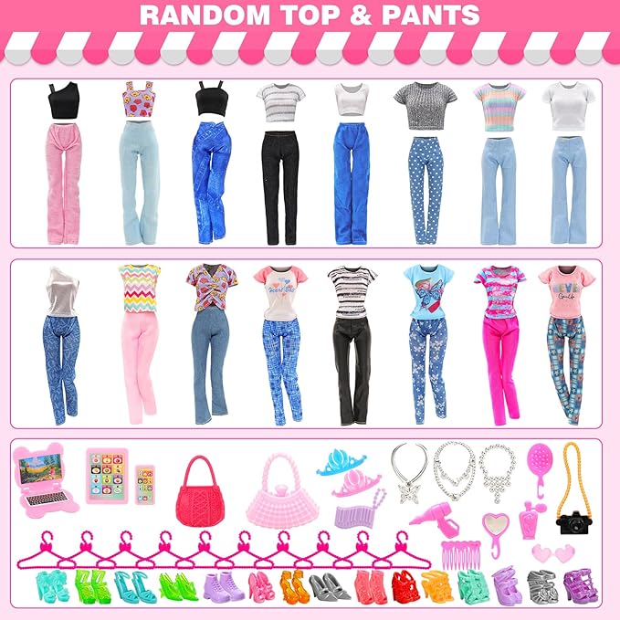 ENOCHT 51 PCS Doll Clothes and Accessories Including Fashion Dresses, Tops and Pants Outfits, Party Dresses, Swimsuits Bikini 38 PCS Shoes Hangers and Other Accessories for 11.5 inch Dolls
