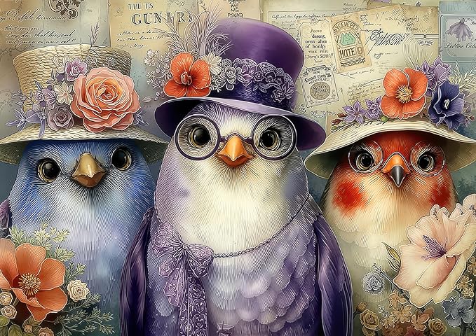 Vintage Elegant Three Birds 1000 Piece Puzzle for Adults - Victorian Style Art, Whimsical Postcard Scene, Poster & Lettered Back, 28"x20" HD, Gift for Bird & Vintage Art Lovers