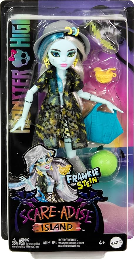 Monster High Scare-adise Island Frankie Stein Doll with Swimsuit, Coverup & Beach Accessories Like Hat, Volleyball & Tote
