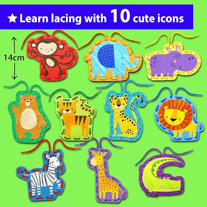 KRAFUN Safari Animal Preschool Arts & Crafts Lacing Kit, 10 Easy Lacing Cards for Toddlers Fine Motor Skills