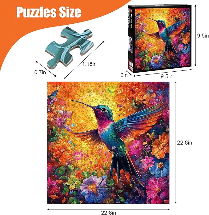 Hummingbird Puzzles for Adults 1000 Pieces - Vibrant Flower Humming bird Jigsaw Puzzles, Beautiful Hummingbird Floral Puzzle with Letters on Back, Challenging Hard Difficult Bird Art Puzzle Games Gift