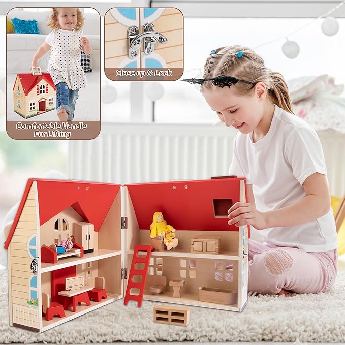 WOODMAM Foldable Wooden Dollhouse with 13PCS Furniture, 4 Rooms and 2 Flexible Dolls, Pretend Play Doll House Set with Portable Handle, Christmas Birthday Gift for Boys Girls Age 3+, Cottage