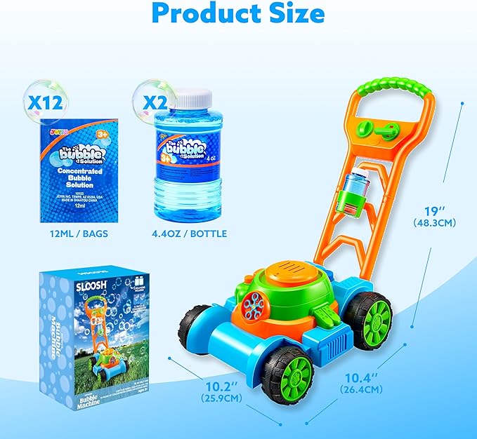 SLOOSH Bubble Lawn Mower Toddler Toys - Spill-Proof Bubble Machine Pretend Gardening Play Toy for Age 1 2 3 1-3 Year Old Baby Boys Indoor Outdoor Use, Easter Basket Stuffers Birthday Gifts (Blue)