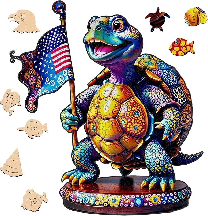 Bovearto Turtle Puzzles for Kids, Flag Turtle Wooden Jigsaw Puzzles, Ocean Unique Shaped Undersea Brain Teaser Puzzle Gift for Kids Family Puzzle Games 215 Pieces (10.8"*12")